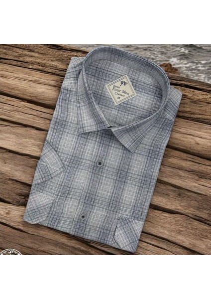 Linen Keten Klasik Kısa Kollu Iki Cepli Kapaklı Gri Baba Gömleği (Regular Kalıp)