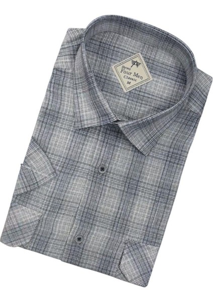 Linen Keten Klasik Kısa Kollu Iki Cepli Kapaklı Gri Baba Gömleği (Regular Kalıp) fiyatları