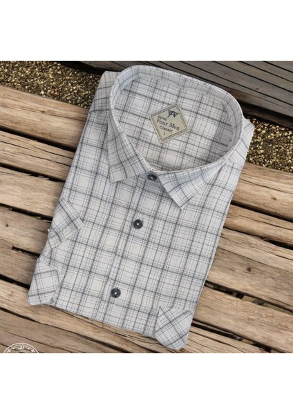 Linen Keten Klasik Kısa Kollu Iki Cepli Kapaklı Beyaz Baba Gömleği (Regular Kalıp)