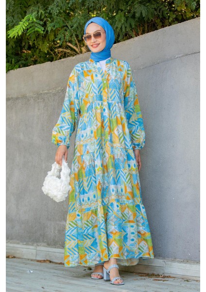 Etnik Desen Yarım Patlı Yazlık Elbise-Mavi