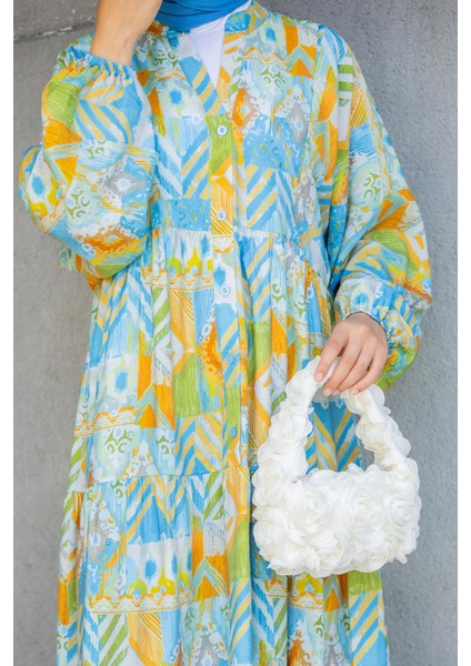 Etnik Desen Yarım Patlı Yazlık Elbise-Mavi fiyatları