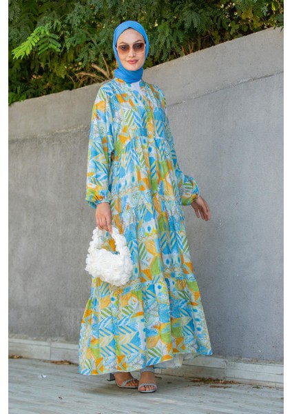 Etnik Desen Yarım Patlı Yazlık Elbise-Mavi modelleri