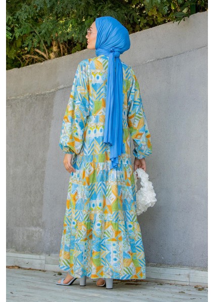 Etnik Desen Yarım Patlı Yazlık Elbise-Mavi fırsatları