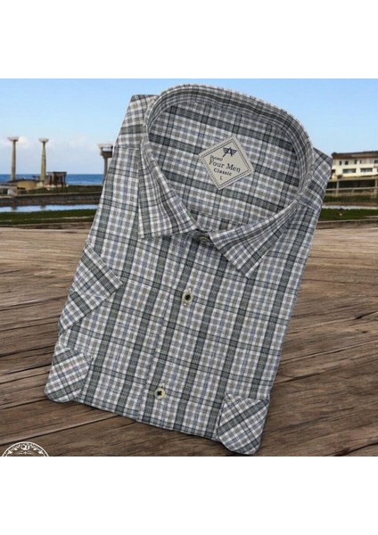 Linen Keten Klasik Kısa Kollu Iki Cepli Kapaklı Gri Baba Gömleği (Regular Kalıp)