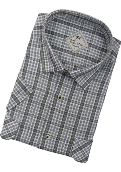 Linen Keten Klasik Kısa Kollu Iki Cepli Kapaklı Gri Baba Gömleği (Regular Kalıp) fiyatları