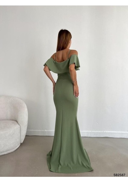 Kadın Dalgıç Krep Yırtmaç Detaylı Askılı Maxi Boy Elbise L-Yeşil fiyatları