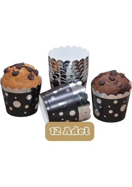 Metalik Siyah Üzeri Gümüş Puanlı Cupcake Muffin Kalıbı