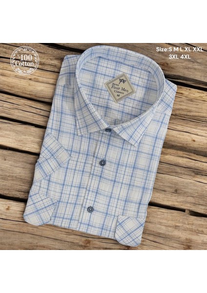 Linen Keten Klasik %100 Cotton Kısa Kollu Terletmeyen Iki Cepli Kapaklı Mavi Gömlek (Regular Kalıp)