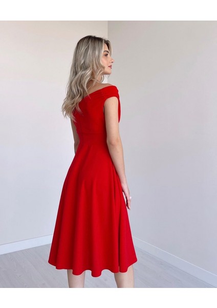 Kadın Kısa Kollu Kruvaze Yaka Eteği Volanlı Krep Elbise 2xl-3xl-Kırmızı modelleri