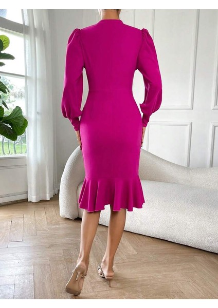 Kadın Uzun Kollu Yarı Balıkçı Yaka Etek Ucu Fırfır Detaylı Midi Ithal Krep Elbise Pembe-2xl-3xl indirimleri