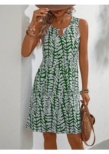 Kadın Sıfır Kol Yakadan Halka Detaylı Desenli Kısa Bürümcük Elbise L-Xl-Siyah