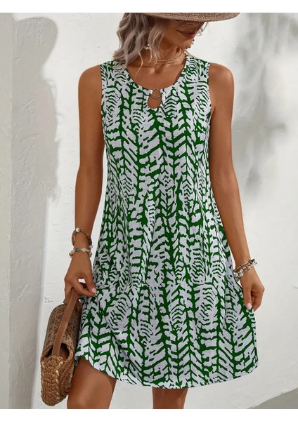 Kadın Sıfır Kol Yakadan Halka Detaylı Desenli Kısa Bürümcük Elbise L-Xl-Siyah modelleri