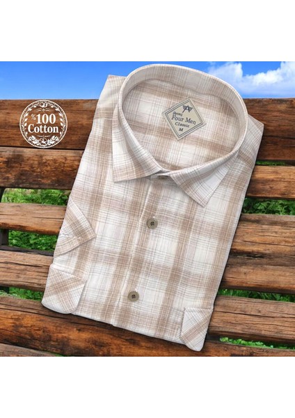 Linen Keten Klasik %100 Cotton Kısa Kollu Terletmeyen Iki Cepli Kapaklı Camel Gömlek (Regular Kalıp)