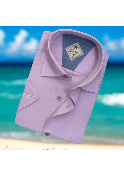 Linen Keten Klasik Kısa Kollu Lila Erkek Gömlek (Regular Kalıp)
