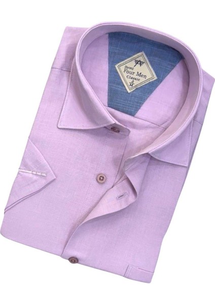 Linen Keten Klasik Kısa Kollu Lila Erkek Gömlek (Regular Kalıp) fiyatları