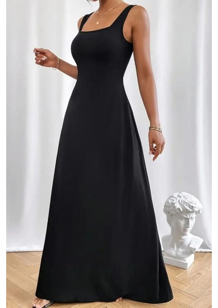 Kadın Askılı U Yaka Janjan Krep Elbise 2xl-3xl-Siyah