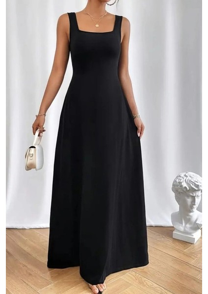 Kadın Askılı U Yaka Janjan Krep Elbise 2xl-3xl-Siyah fiyatları