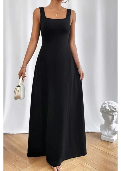 Kadın Askılı U Yaka Janjan Krep Elbise 2xl-3xl-Siyah fırsatları