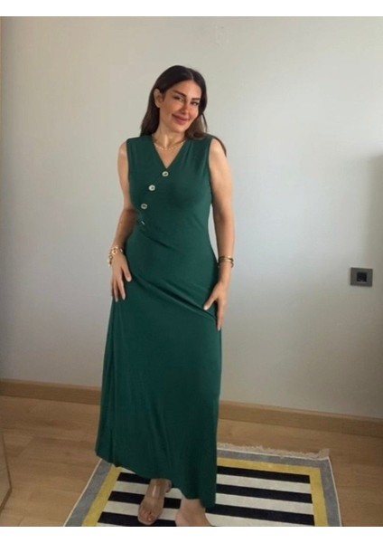 Kadın Kruvaze Yaka Düğme Detay Maxi Boy Elbise Yeşil-Xs