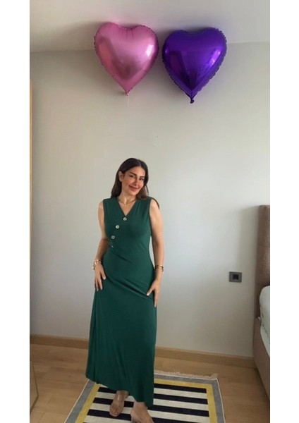 Kadın Kruvaze Yaka Düğme Detay Maxi Boy Elbise Yeşil-Xs fiyatları
