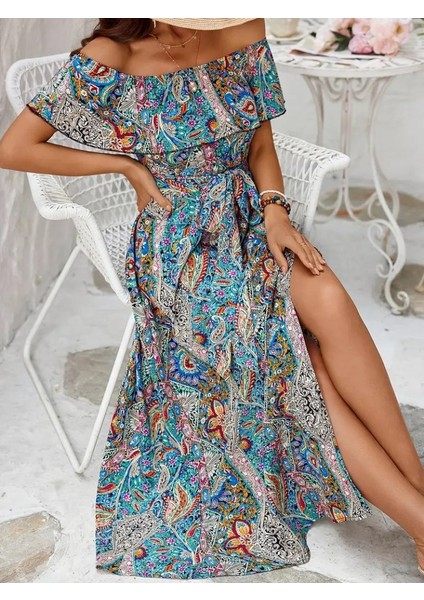 Kadın Kısa Kollu Madonna Yaka Fırfırlı Belden Yırtmaçlı Maksi Süprem Elbise Mavi-2xl-3xl fiyatları