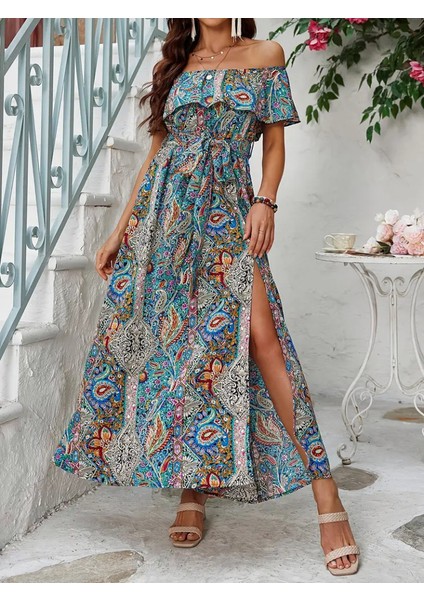 Kadın Kısa Kollu Madonna Yaka Fırfırlı Belden Yırtmaçlı Maksi Süprem Elbise Mavi-2xl-3xl fırsatları