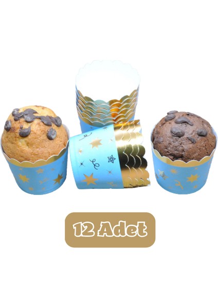 Metalik Mavi Üzeri Altın Yıldız Temalı Cupcake Muffin Kalıbı