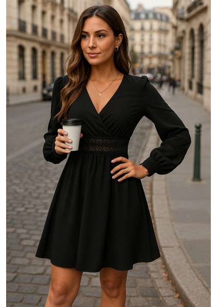 Ipeksi Kadın Uzun Kollu Kruvaze Yakalı Dantelli Fermuar Detaylı Kısa Ithal Krep Elbise