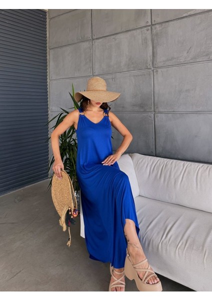 Kadın Çan Dokuma Kumaş V Yaka Asimetrik Kesim Elbise L-Saks