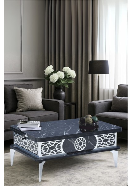 Lily Akıllı Sehpa Siyah Mermer Gümüş Desenli Çift Kademe Açılır Fonksiyonel Masa 120x90x73 Cm