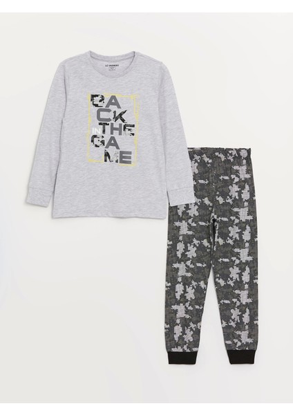 Lcw Kids Gri Bisiklet Yaka Baskılı Uzun Kollu Erkek Çocuk Pijama Takımı