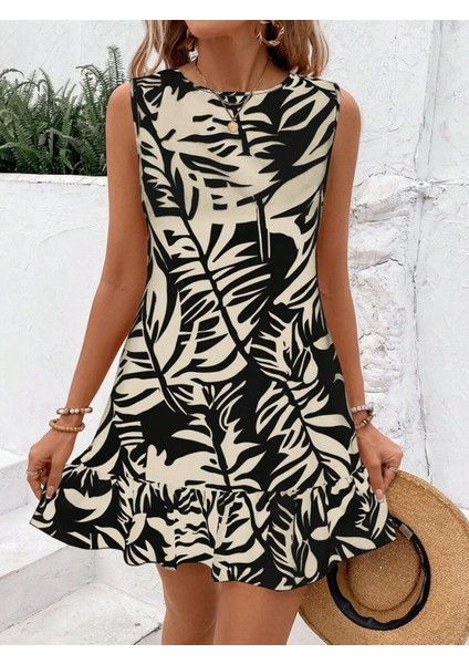 Kadın Sıfır Kollu Bisiklet Yakalı Fırfırlı Desenli Sofya Elbise 2xl-3xl-Siyah indirimleri