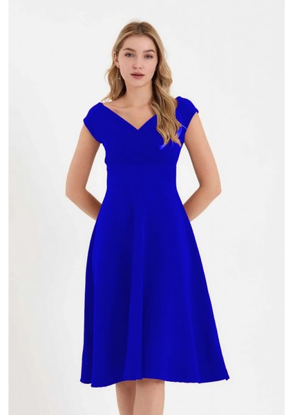 Kadın Kısa Kollu Kruvaze Yaka Eteği Volanlı Krep Elbise Mavi-2xl-3xl fırsatları