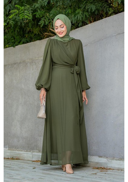 Narin Mat Şifon Tesettür Abiye-Haki