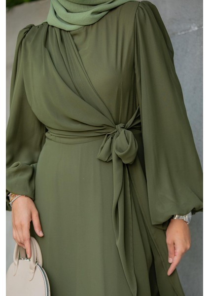 Narin Mat Şifon Tesettür Abiye-Haki fiyatları