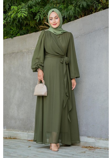 Narin Mat Şifon Tesettür Abiye-Haki modelleri