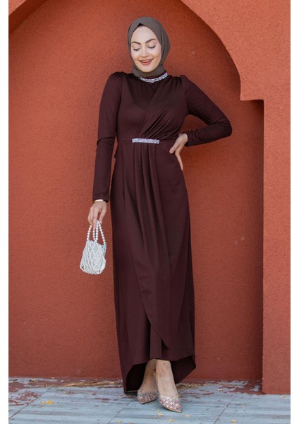 Lins Taş Detaylı Özel Gün Elbise-Kahve