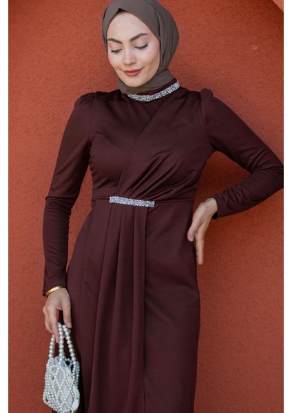 Lins Taş Detaylı Özel Gün Elbise-Kahve fiyatları