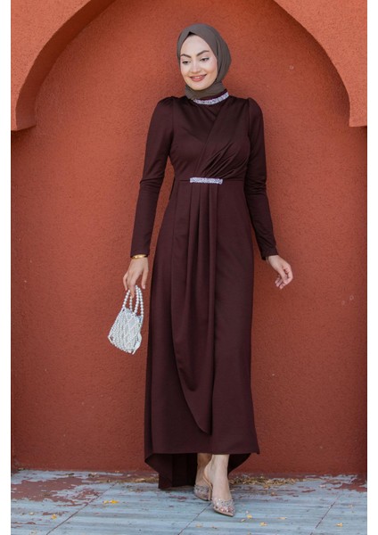 Lins Taş Detaylı Özel Gün Elbise-Kahve fırsatları