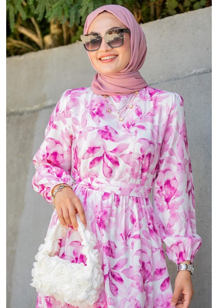 Keny Lotus Çiçekli Yazlık Elbise-Pembe fiyatları