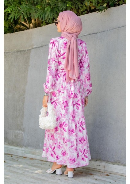Keny Lotus Çiçekli Yazlık Elbise-Pembe modelleri