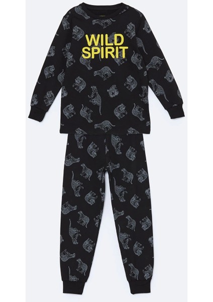 Lcw Kids Antrasit Bisiklet Yaka Baskılı Uzun Kollu Erkek Çocuk Pijama Takımı