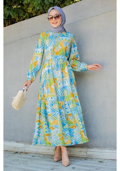 Mihre Etnik Desen Modal Krep Elbise-Mavi