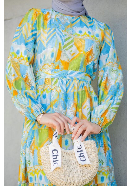 Mihre Etnik Desen Modal Krep Elbise-Mavi fiyatları