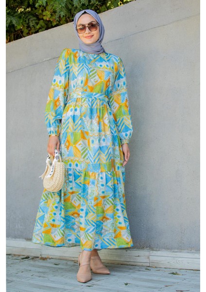 Mihre Etnik Desen Modal Krep Elbise-Mavi modelleri