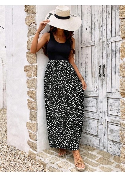 Kadın Askılı Yuvarlak Yaka Üst Viskon Alt Desenli Bürümcük Elbise L-Xl-Siyah