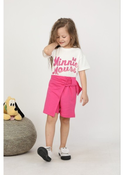 Kız Parıltı Detaylı Sırt Baskılı Şort Etek Minnie Mouse Takım
