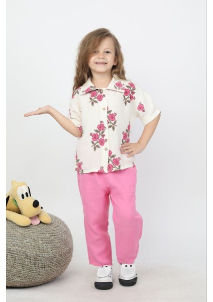 Kız Çiçekli Müslin Kumaş Gömlek Pantolonlu Takım