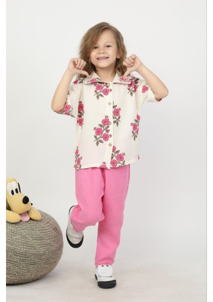 Kız Çiçekli Müslin Kumaş Gömlek Pantolonlu Takım modelleri
