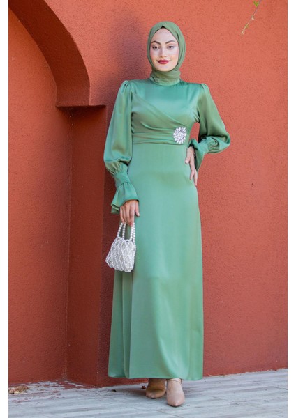 Simly Taş Işlemeli Saten Abiye-Mint